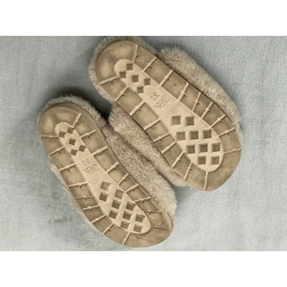 ZARA Sandals Girls Size EU31 US13 Beige Tan Faux Fur Double Strap Fuzzy Slides